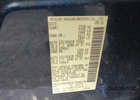 2016 Nissan Murano S/Sl/Sv/Platinum z USA, uszkodzony, nr VIN 5N1AZ2MG0GN170820